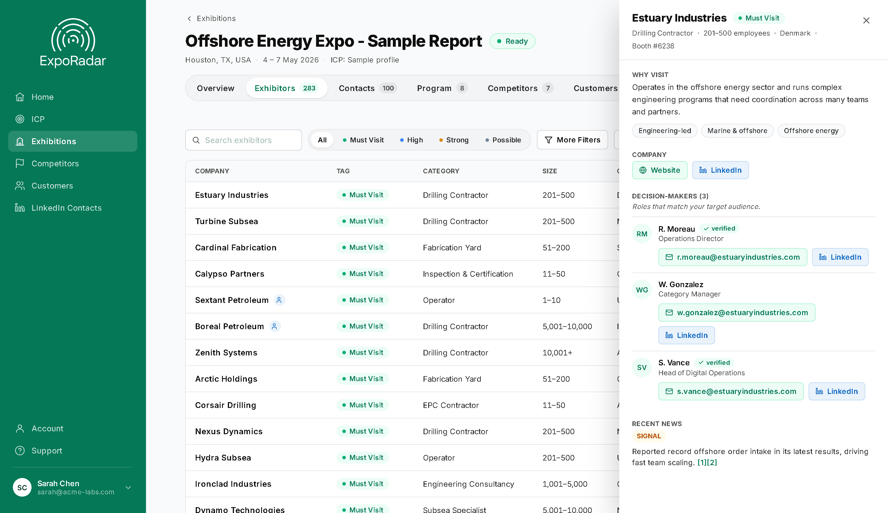 ExpoRadar dashboard showing the priority targets, decision makers, and market signals for an upcoming trade show
