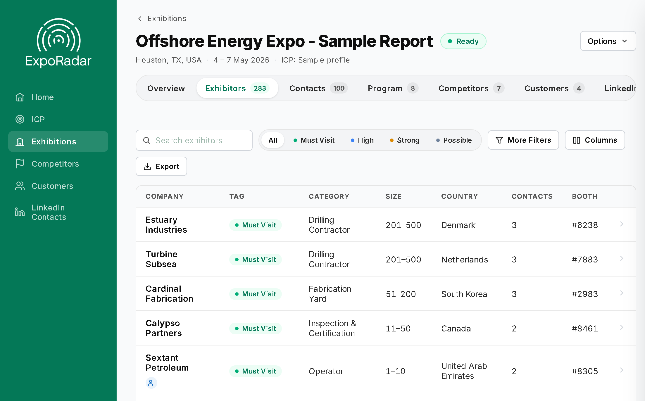 Ranked exhibitor list showing must-visit companies with priority tags, category, company size, country, and booth numbers
